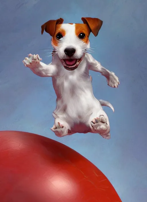 Image similar to adorable jack russel terrier jumping over a red exercise ball, fantasy art, artstation character design contest winner, trending on cgsociety, concept art, speedpaint, beautiful digital art, jesper ejsing, james jean, justin gerard, fenghua zhong, makoto shinkai, highly detailed