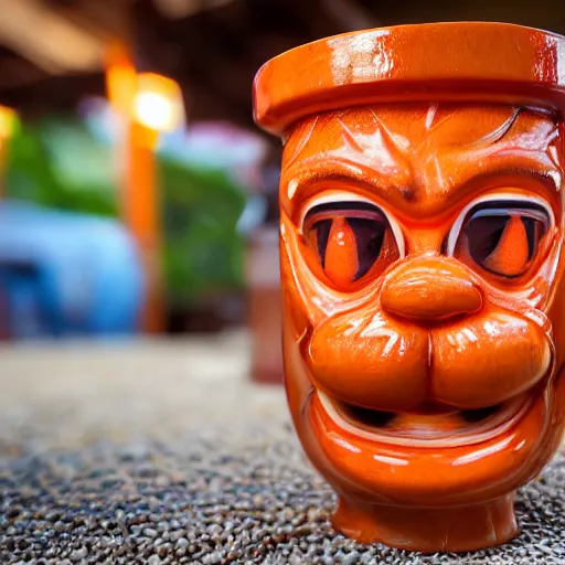 Image similar to a closeup photorealistic photograph of a glossy orange cat garfield style tiki mug sitting at a trader vic's beach bar featuring garfield's face. tiki theme. bright scene. fine detail. this 4 k hd image is trending on artstation, featured on behance, well - rendered, extra crisp, features intricate detail, epic composition and the style of unreal engine.