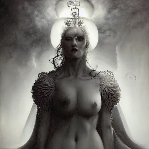 Prompt: By Tom Bagshaw Boris Vallejo, ultra realist soft painting of a curiosities carnival by night, omnious sky, symmetry accurate features, very intricate details, black and white, volumetric light clouds