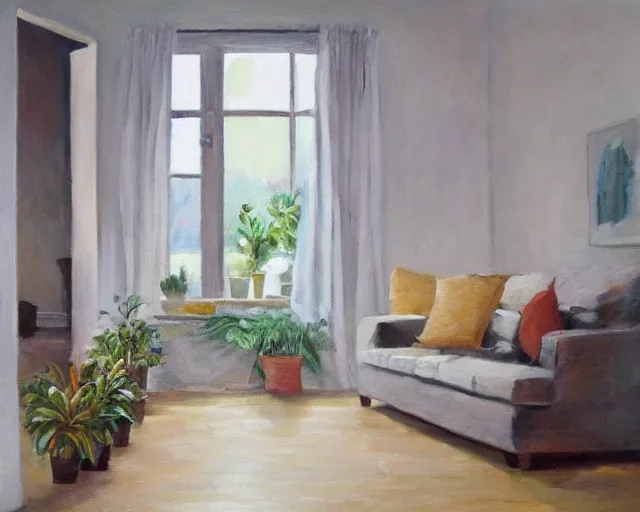 Image similar to A warm painting of a room interior, calm, relaxing, cosy, warm light, warm color scheme, houseplants, fresh flowers, oil on canvas