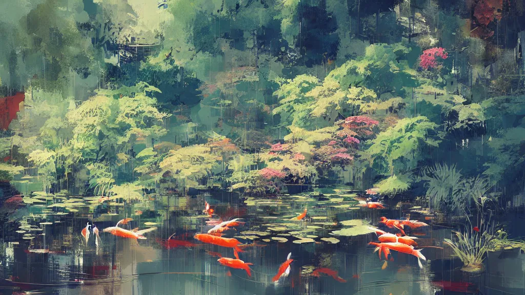 Image similar to painting of a koi pond, trending on artstation, masterpiece by ismail inceoglu