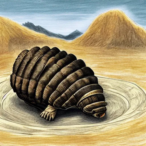 Prompt: fantasy drawing of a giant armadillio - like creature in the desert