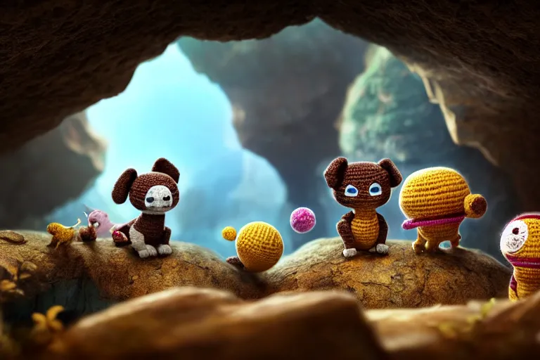 Image similar to an expedition of crochet cute animals discovering a new cave underground. cute, illustration, digital art, inspired by little big planet, by greg rutkowski, detailed, sharp, masterpiece, highly detailed, photorealistic, octane render, 8 k, unreal engine 5, trending on artstation, vivid colors