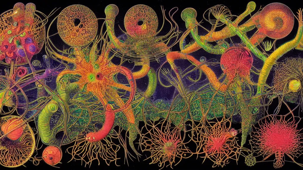 Prompt: quantum connections represented as symbiotic organisms like cells playing around with colorful lights by ernst haeckel, smooth, sharp, dark