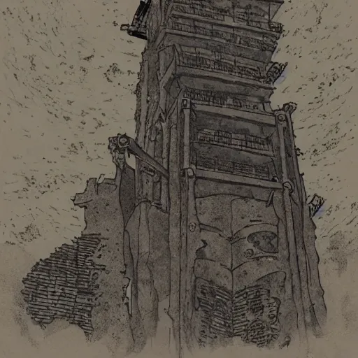 Image similar to precisely drawn illustration of anime verdigris colored old ruined tower, old-fashioned tarot card, victorian playing card, sepia tone, wide angle, sharp, fine details, anime, manga, cyberpunk, intense line art, 8k, precise linework, realistic, shaded lighting by katsuhiro otomo ghost-in-the-shell, magali villeneuve, artgerm, rutkowski Jeremy Lipkin and Giuseppe Dangelico Pino and Michael Garmash and Rob Rey