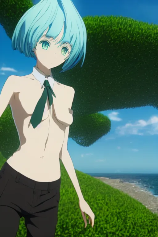 Prompt: 3D CG anime Land of the Lustrous Houseki no Kuni character Phos person with a very large chest size made of shiny light bluegreen gem rock standing in a grassy field on a sunny day wearing a white business shirt with black tie and black shorts, ocean shoreline can be seen on the horizon, beautiful composition, 3D render, 8k, key visual, god rays, made by Haruko Ichikawa, Makoto Shinkai, studio Ghibli