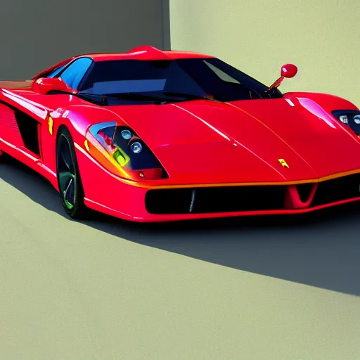 Prompt: a super sport car with front looking of a ferrari enzo and doors of mercedes slr, photo realist, 3 d rendered