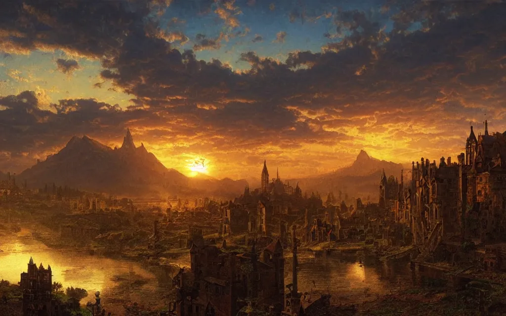 Prompt: large medieval town, steampunk, sunset in the distance, mountainous backdrop, cinematic lighting, intricate ink illustration, by albert bierstadt