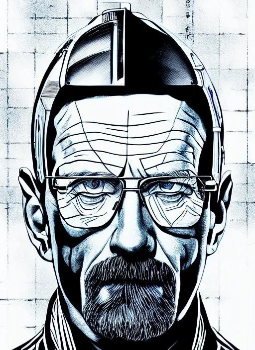 Prompt: hyper detailed comic illustration of a cyberpunk Walter White with headroom above wearing a futuristic sunglasses and a gorpcore jacket, markings on his face, by Eng Kilian, intricate details, vibrant, solid background