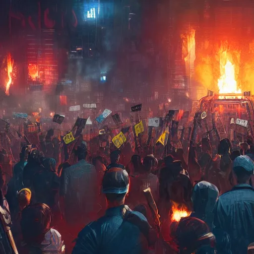 Image similar to protesters holding placards, detailed digital illustration by greg rutkowski, fire, android netrunner