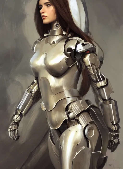 Image similar to a professional painting of a beautiful young female, clothed in robotic armor, olive skin, long dark hair, beautiful bone structure, symmetrical facial features, intricate, elegant, digital painting, concept art, smooth, sharp focus, illustration, from Metal Gear, by Ruan Jia and Mandy Jurgens and Artgerm and William-Adolphe Bouguerea