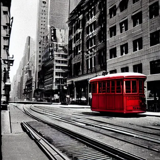 Prompt: picture of a red tramway in new york, 1 9 5 0, black and white, polaroid shot, beautiful artistic photography