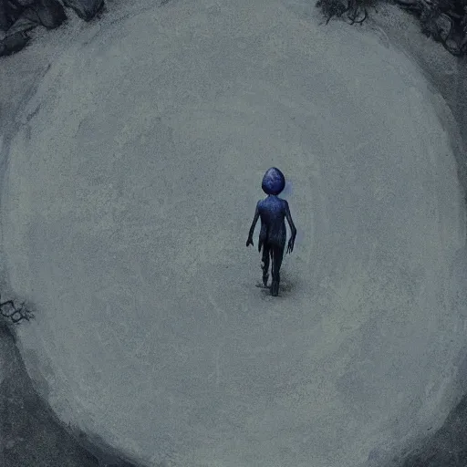 Image similar to A beautiful land art of a small figure standing in the center of a dark, foreboding landscape. The figure is surrounded by strange, monstrous creatures, and there is a feeling of unease and dread. pale indigo, indigo by Michal Lisowski