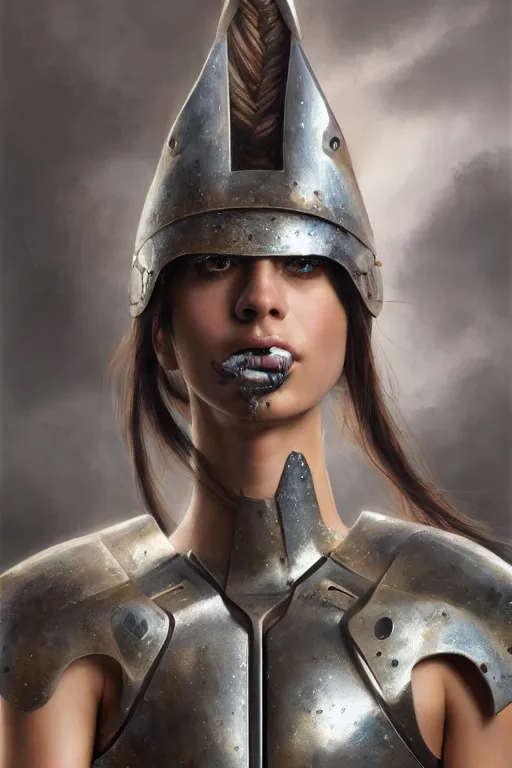 Prompt: a photorealistically painted portrait of an attractive young female, partially clothed in metal-plated battle armor, abstract background, flawless olive skin, fair complexion, long dark hair, beautiful bone structure, perfectly symmetric facial features, perfect photorealistic eyes, natural physique, intricate, elegant, digital painting, concept art, finely detailed, beautifully illustrated, sharp focus, minimal artifacts, volumetric lighting, from Metal Gear, by Ruan Jia and Mandy Jurgens and Artgerm and William-Adolphe Bouguerea, in the style of Greg Rutkowski, trending on Artstation, award winning art