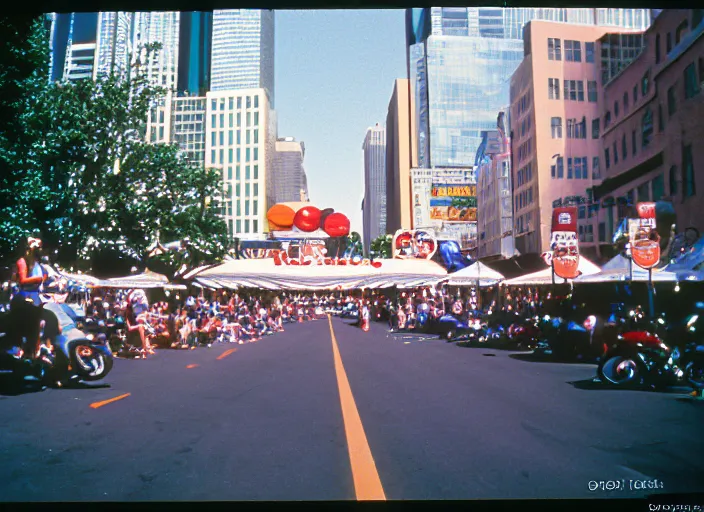 Prompt: A disposable camera picture of the street, Kodak Fling 200, 1983