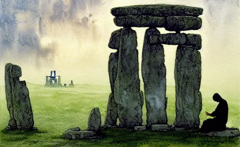 Prompt: a hyperrealist watercolour character concept art portrait of one small grey medieval monk kneeling in prayer as stonehenge rocks float in the air above him. it is a misty night. by rebecca guay, michael kaluta, charles vess and jean moebius giraud