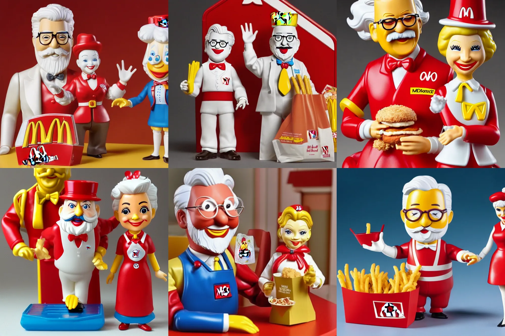 Prompt: A McDonald's happy meal toy of Wendy from Wendy's and Colonel Sanders from KFC, 4k, highly detailed. award winning. look at all that detail!