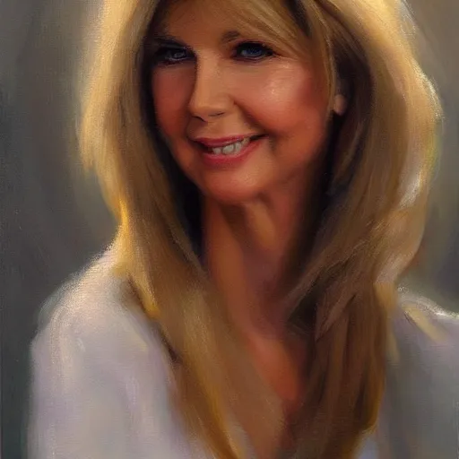 Prompt: closeup portrait of olivia newton john at age 3 0 years, evening, highly detailed and realistic oil painting, vladimir volegov, artstation