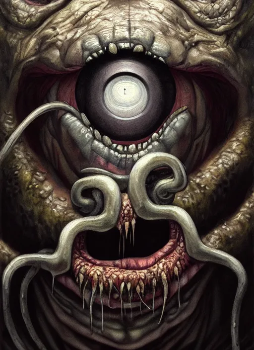 Prompt: close up portrait of a monster in the sinister valley of despair, one mouth, one nose, two eyes, oil painting by tomasz jedruszek, cinematic lighting, pen and ink, intricate line, hd, 4 k, million of likes, trending on artstation