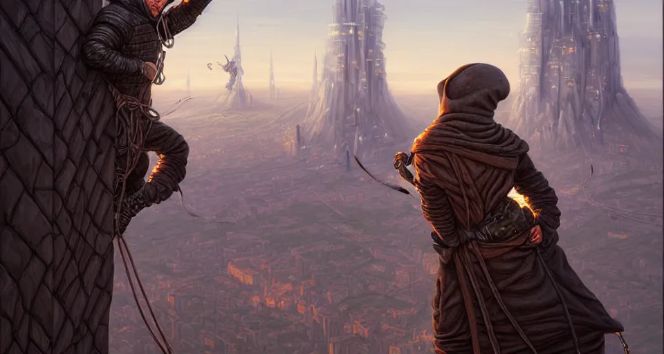 Image similar to landscape painting of a hooded thief in leathers using a rope to climb a tall building with a fantasy city, fine details, magali villeneuve, artgerm, rutkowski