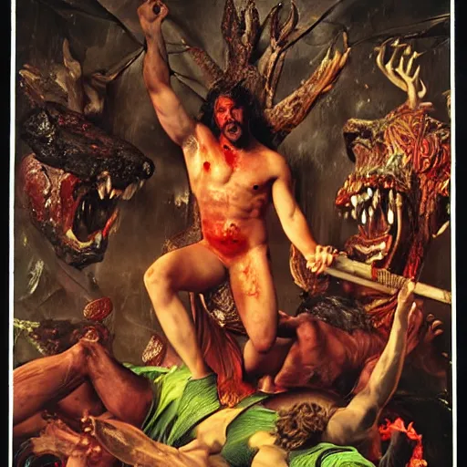 Image similar to balmy by david lachapelle vignetting. a experimental art of hercules after he has completed one of his twelve labors, the killing of the hydra. he is standing over the dead hydra, covered in blood clutching a sword that slew the beast. his face is expressionless.