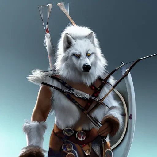 Prompt: An Anthropomorphic White Wolf dressed as a Native American Archer, artstation, award winning masterpiece, ultra detailed, 4k