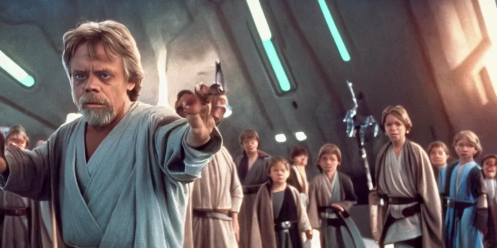 Image similar to A full color still of Mark Hamill as Jedi Master Luke Skywalker training a room full of young Jedi padawans, with large windows showing a sci-fi city outside, at dusk at golden hour, from Star Wars, directed by Steven Spielberg, 1990