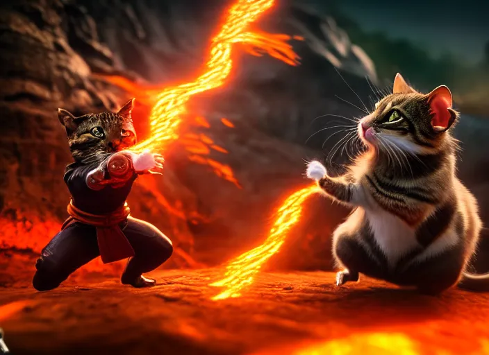 Image similar to hamster fights a cat in mortal kombat at a volcano with shao khan cheering in the background. fantasy magic style. highly detailed 8 k. intricate. lifelike. soft light. sony a 7 r iv 5 5 mm. [ cinematic post - processing ].