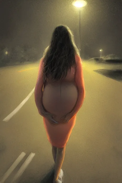 Prompt: pregnant woman under street light, highly detailed, sharp focused, ultra realistic digital concept art by Alyssa Monks