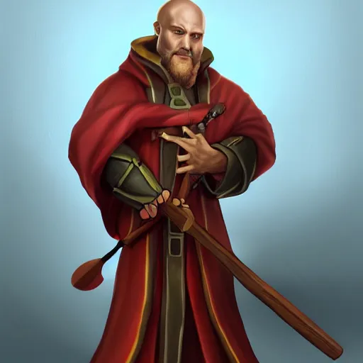 Prompt: portrait of a draconid character in simple robes, carrying a war hammer, trending on art station, character concept art