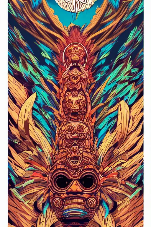 Prompt: totem animal mask tribal feather gemstone plant wood rock shaman vodoo video game vector illustration vivid multicolor borderlands comics by josan gonzales and dan mumford radiating a glowing aura