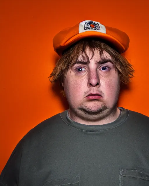 Prompt: prison mugshot of real - life eric cartman, bright flash, orange prison shirt, low saturation, somber expression, filthy hair, rugged textured face, soft vignette, soft focus, 5 0 mm, 4 k, nypd