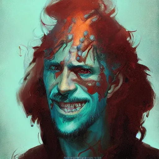 Image similar to greg rutkowski, anna podedworna, painting of smiling spanish man, goatee, unkempt wavy hair, teal eyes, scars