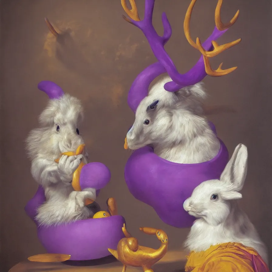 Image similar to rare hyper realistic portrait painting by dutch masters, studio lighting, brightly lit purple room, a blue rubber ducky with antlers laughing at a giant crying rabbit with a clown mask