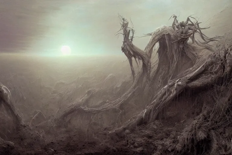 Image similar to prophecy, amazing concept painting by Jessica Rossier and HR giger and Beksinski, the middle of a valley; it was full of bones, bones that were very dry, there was a noise, a rattling sound, and the bones came together, bone to bone , I looked, and tendons and flesh appeared on them and skin covered them, but there was no breath in them and breath entered them, they came to life and stood up on their feet a vast army