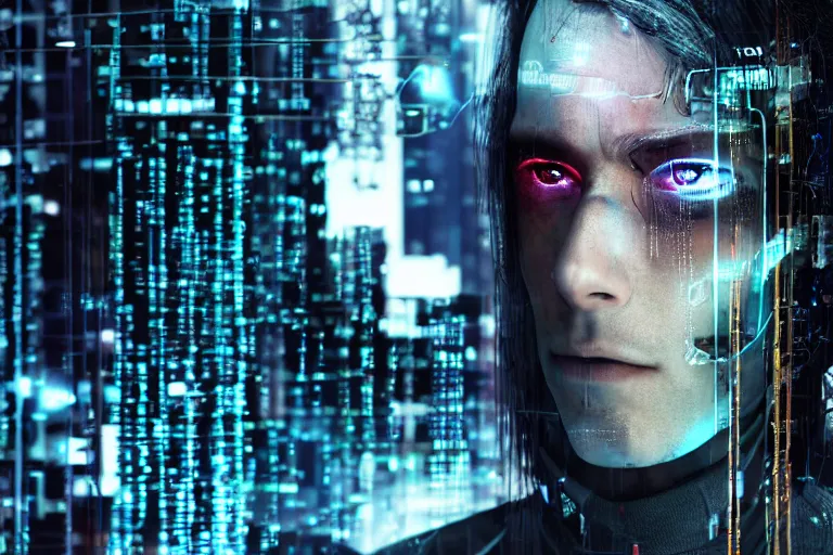 Prompt: cyberpunk hacker closeup portrait in high tech compound by Emmanuel Lubezki