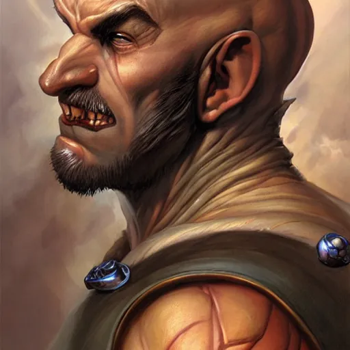 Image similar to a fantasy comic book style portrait painting of a bald half - orc male warrior, art by artgerm, boris vallejo, karol bak, mark brooks, donato giancola, bayard wu, 4 k, hires, focus