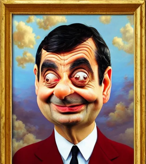 Prompt: mr bean in the shape of baked beans, surrealist oil painting, highly detailed