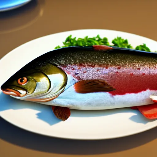 Prompt: a middle aged lawyer eating a trout, hyperrealistic, 4k, unreal engine