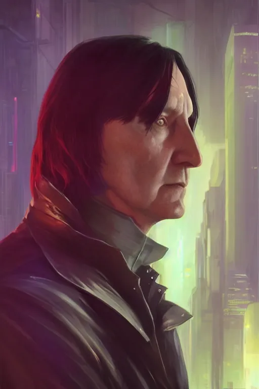 Image similar to portrait of severus snape with visor in cyberpunk, neon lighting, night city, digital art from artstation by Ruan Jia and Mandy Jurgens and Artgerm and william-adolphe bouguereau and Greg Rutkowski