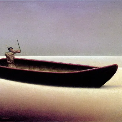 Image similar to a skiff by Zdzisław Beksiński, oil on canvas