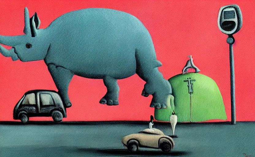 Prompt: a painting in the style of Yves Tanguy , a parking meter stands in the middle of a desert. Next to the parking meter we see a priest, a woman in a green dress , and a rhinoceros .