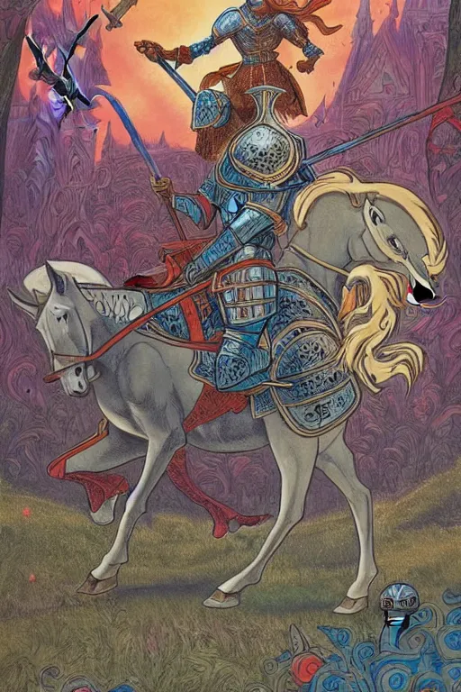 Image similar to medieval knight riding a horse in a magic kingdom pointing into the sky, shiny armor, colorful forest with flying faires, wizards and magic mushrooms in the background, illustrated by james jean, very detailed, comicbook cover