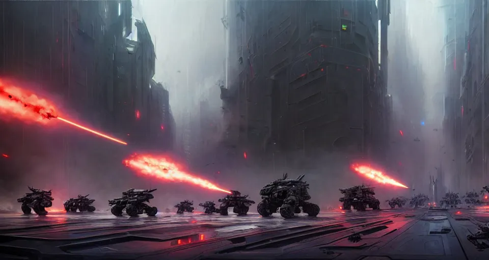 Prompt: hyper realistic sci - fi matte concept art painting of epic cinematic battle between mechwarriors fighting in a city, guns, missiles, explosions, beautiful details, strong composition painted by kim jung guweta studio rutkowski, james gurney and greg rutkowski, and lucasfilm, smooth, intricate, detailed, sharp focus, cinematic