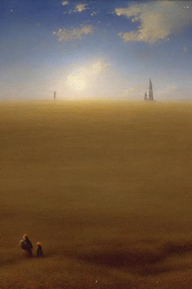 Prompt: the back view of one small robot human on the ground, vast wheat fields, looking at many distant tall buildings far away, by Ivan Aivazovsky, godrays, atmospheric, cinematic, distant world, wide angle, detailed