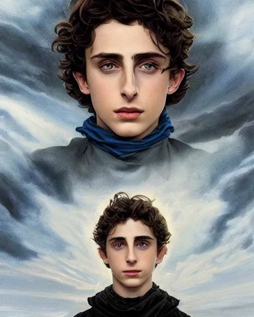 Image similar to beautiful paul atreides timothee chalamet with a beard!, in profile, emperor of the known universe, completely blue eyes, perfect dramatic and dark portrait insanely detailed, concept art, deep focus, intricate, highly detailed, digital painting, artstation, matte, sharp focus, illustration, art by greg rutkowski and alphonse mucha