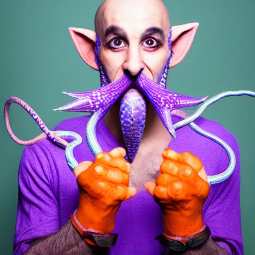 Image similar to magical purple elf man with pointy ears, a orange mustache, a snakes tongue, and sparkly skin, portrait photography