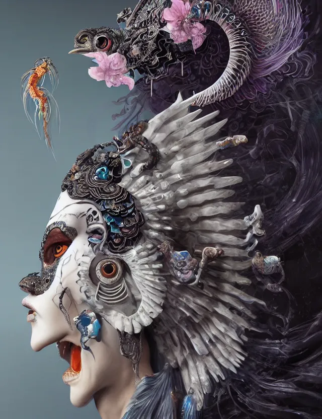 Image similar to 3 d goddess of death close - up profile portrait with ram skull. beautiful intricately detailed japanese crow kitsune mask and clasical japanese kimono. betta fish, jellyfish phoenix, bio luminescent, plasma, ice, water, wind, creature, artwork by tooth wu and wlop and beeple and greg rutkowski