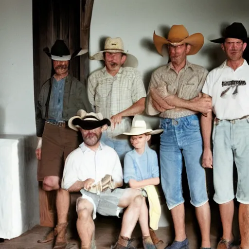 Image similar to many cowboys wearing shorts standing in a room with white tile walls