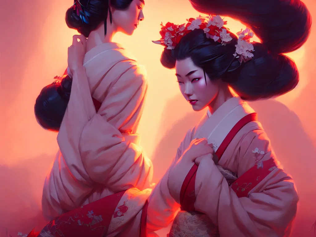 Image similar to pretty geisha, d & d digital painting, ultra realistic, beautiful, volumetric lighting, warm colors advance, cell shading, by james jean, greg rutkowski, wlop